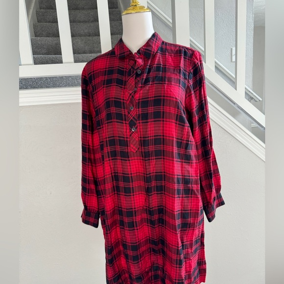 NWT J. JILL 1/3 Button Down Shirt Dress MEDIUM Red Black Plaid Pockets - Picture 2 of 7